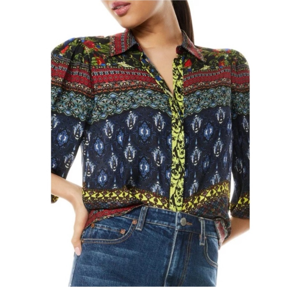 NWT Alice + Olivia Willa Silk Boho Long Sleeve Red Pattern Button Down Top